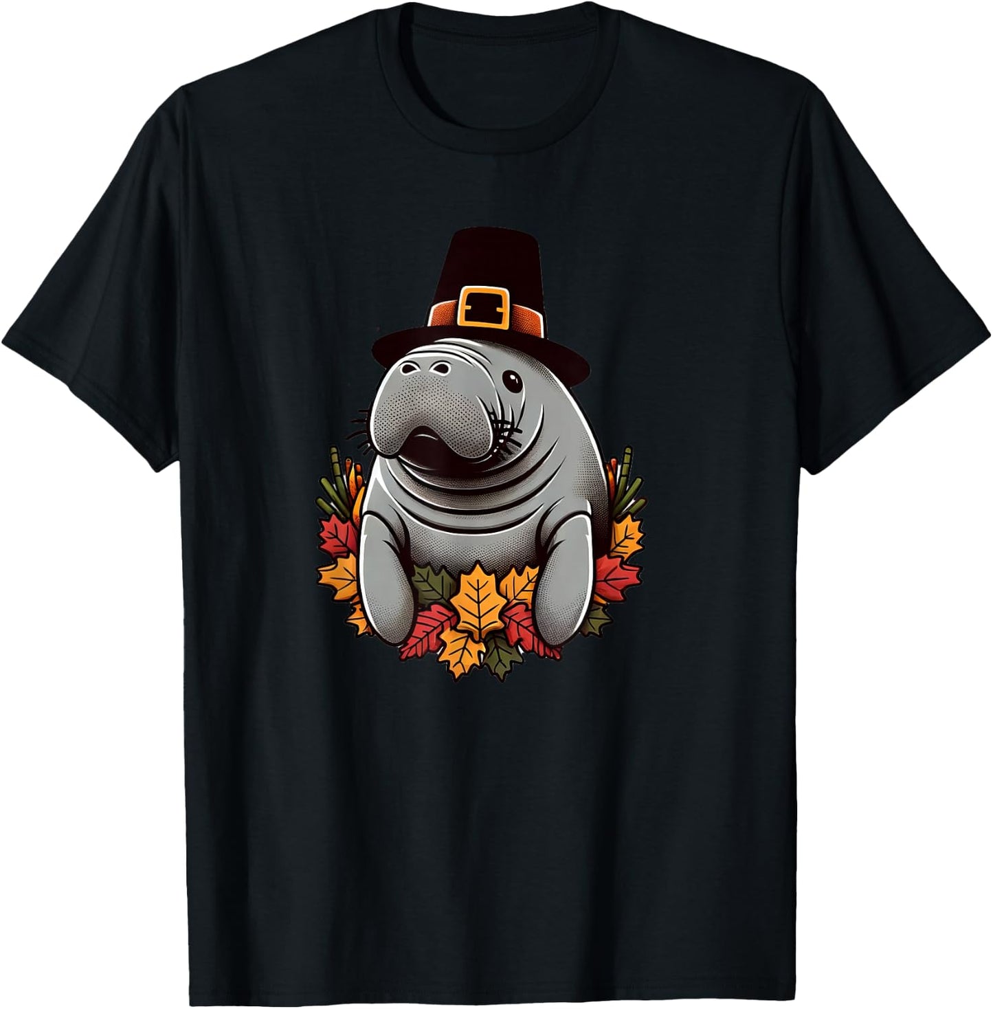 Thanksgiving Manatee Pilgrim Hat Sea Cow Autumn Fall T-Shirt - T-Shirt | Black