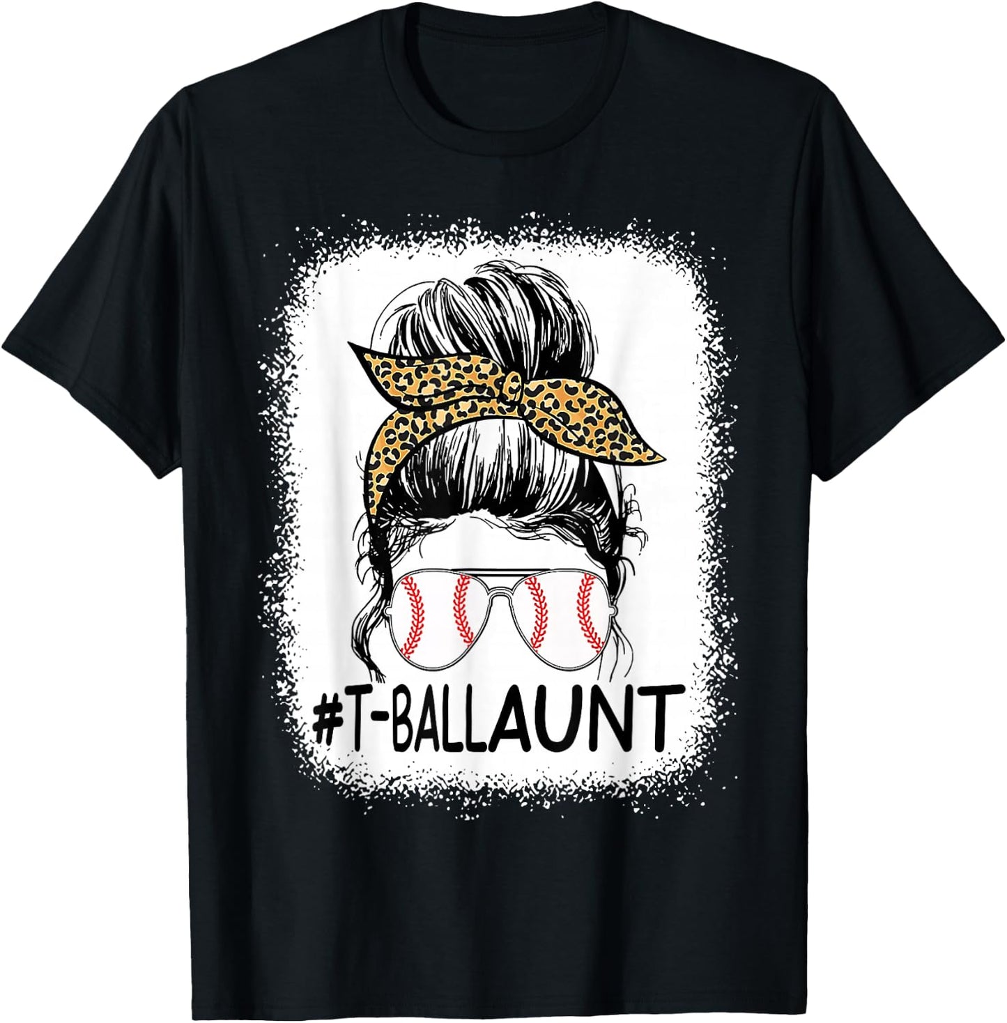 Bleached T-ball Aunt Life Messy Bun Leopard Baseball T-Shirt - T-Shirt | Black