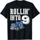 Rollin Into 9 Big Rig Semi Trailer Truck 9th Birthday T-Shirt - T-Shirt | Black