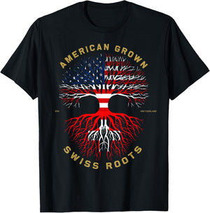 American Grown With Swiss Roots Tree USA Flag Unique Gift T-Shirt - T-Shirt | Black