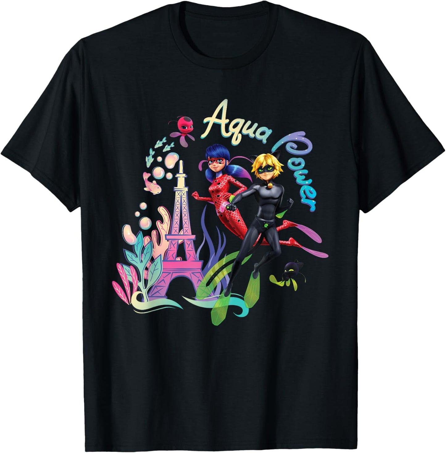 Miraculous Ladybug and Cat Noir Summer Aqua Power Underwater T-Shirt - T-Shirt | Black