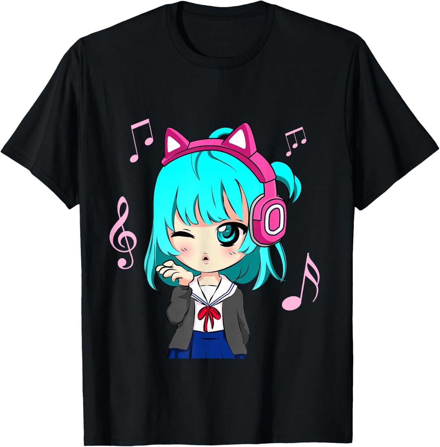 Anime and Music Girl for Teen Chibi Graphic Anime Girl Small T-Shirt - T-Shirt | Black