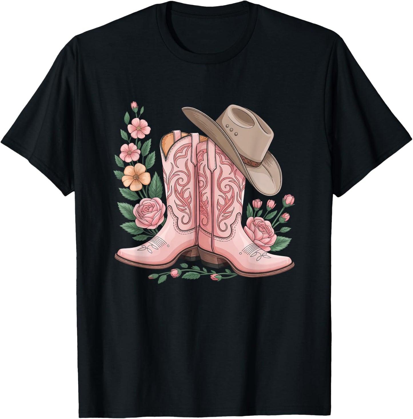 Cowboy Boot Western Country Cowgirl Flowers Girl Pink Woman T-Shirt - T-Shirt | Black