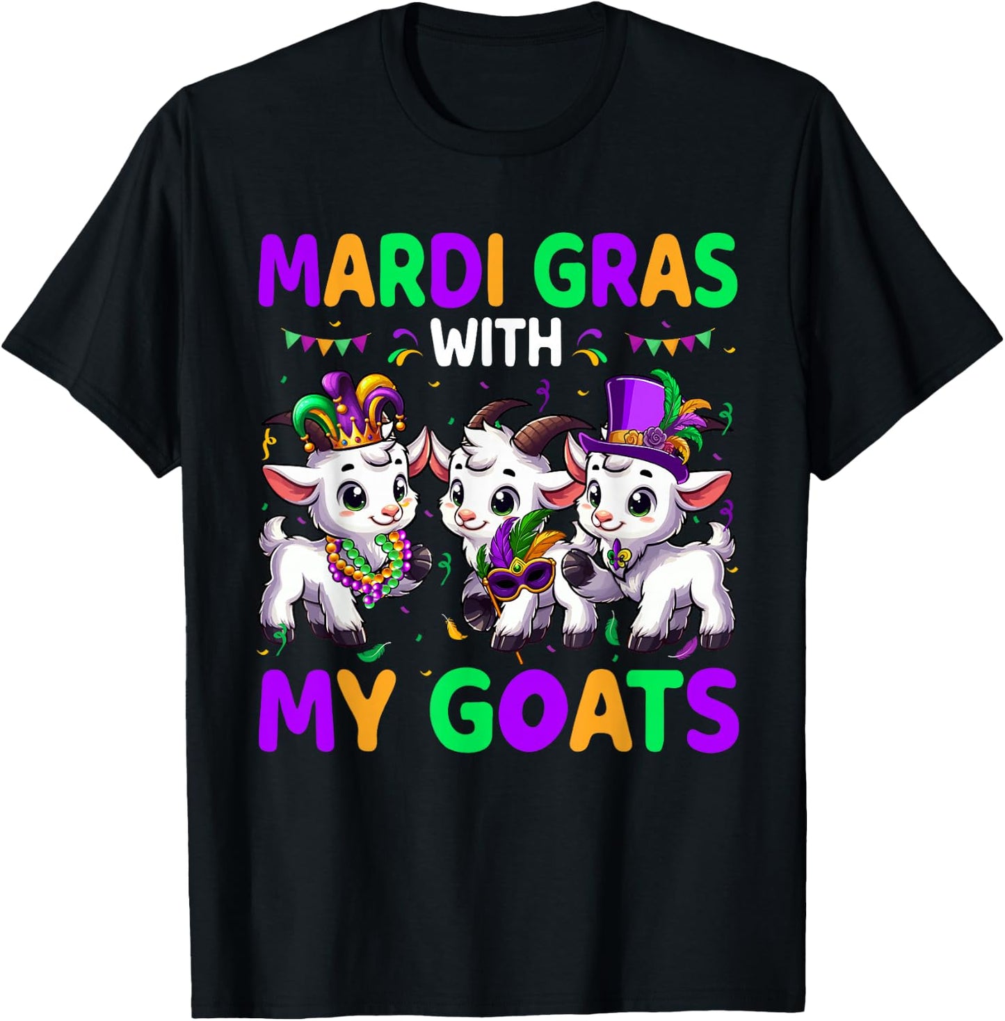 Mardi Gras With My Goats Three Cute Goats Masked Beads T-Shirt - T-Shirt | Black
