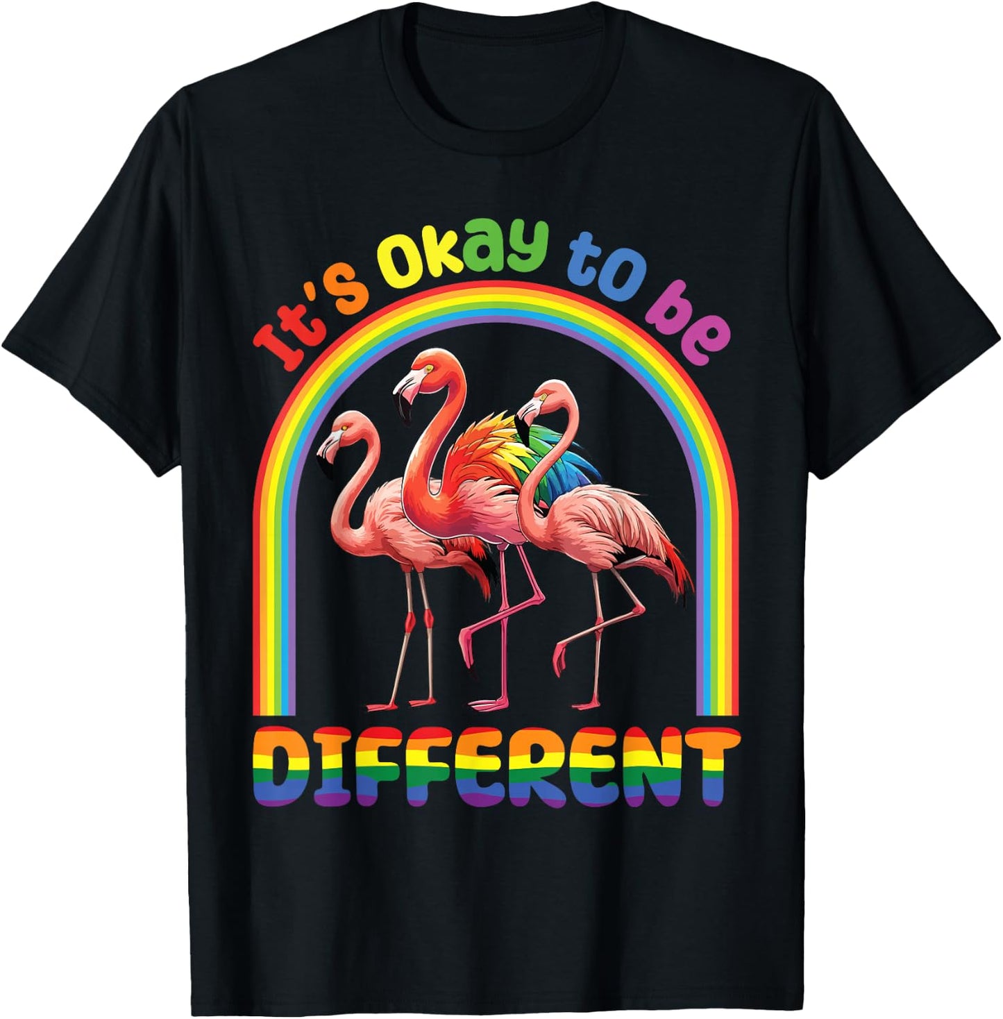 Rainbow Flamingo Together It's OkAY To Be Different Support T-Shirt - T-Shirt | Black