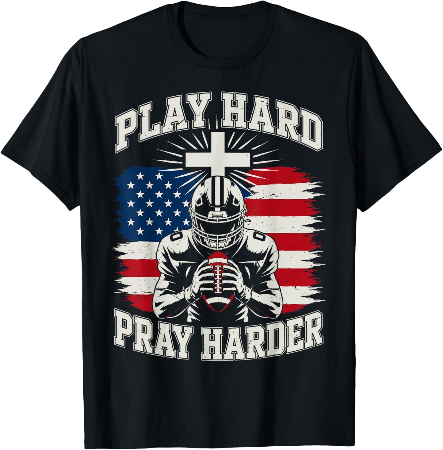 Youth Christian Football Play Hard Pray Harder American Flag T-Shirt - T-Shirt | Black