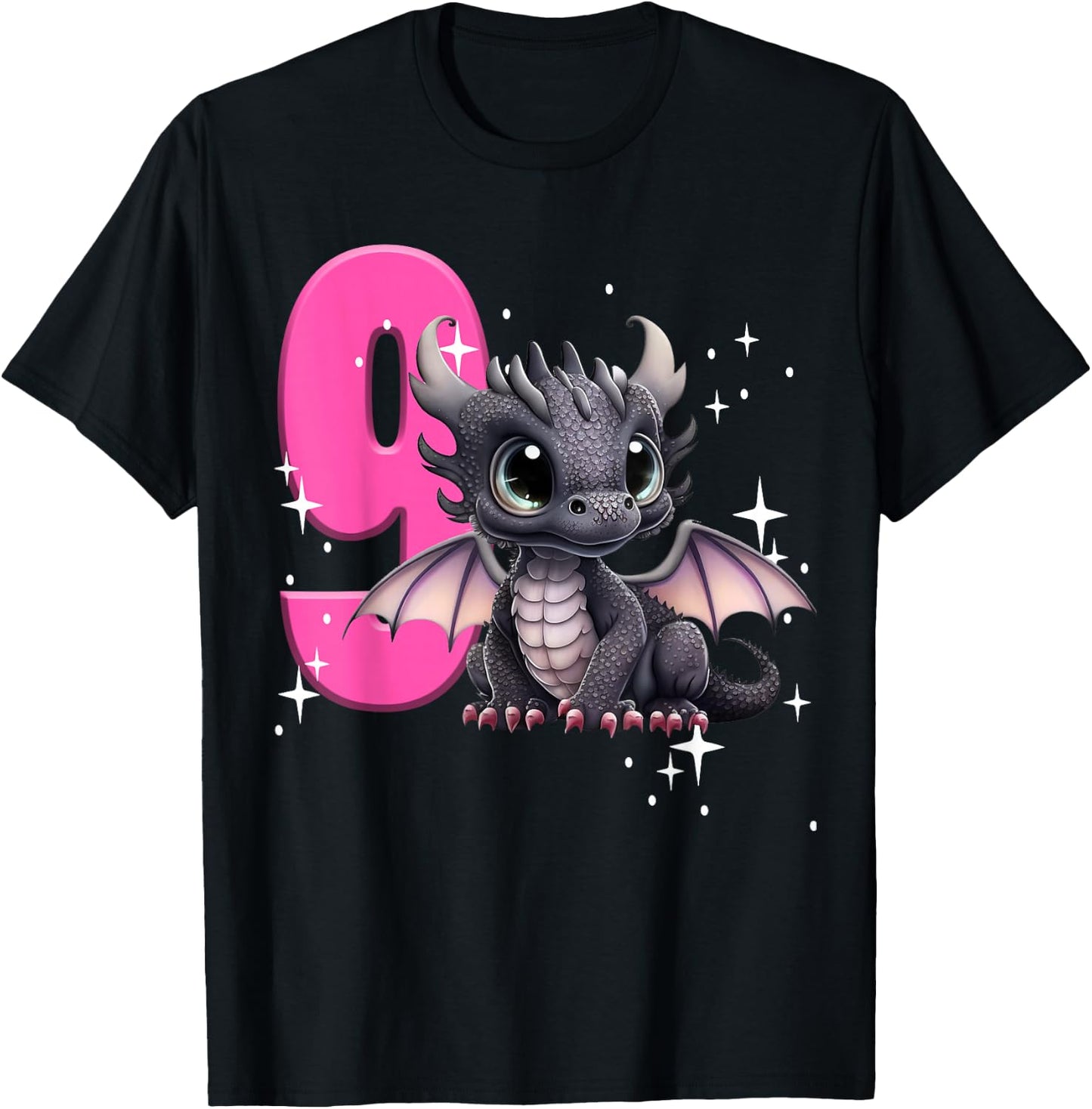 9th Birthday Shirt Dragon Party Birthday Girl Pink 9 Nine T-Shirt - T-Shirt | Black