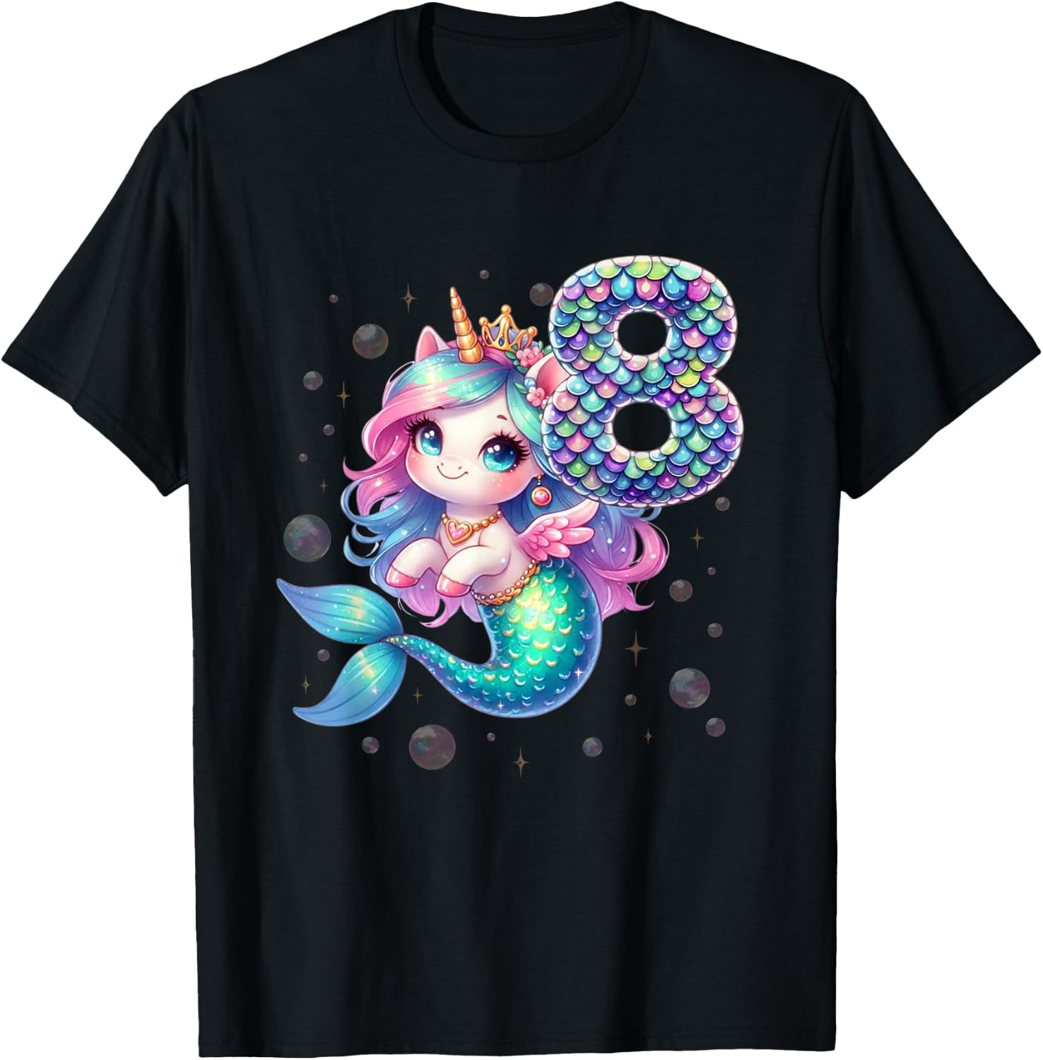 Unicorn Mermaid 8th Birthday 8 Year Old Party Girls Outfit T-Shirt - T-Shirt | Black