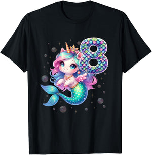 Unicorn Mermaid 8th Birthday 8 Year Old Party Girls Outfit T-Shirt - T-Shirt | Black