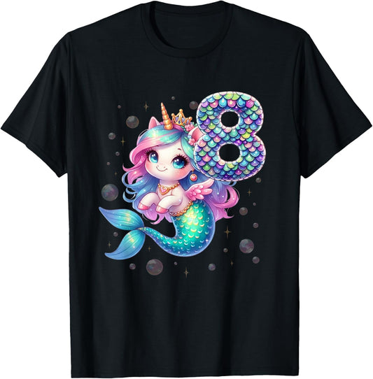 Unicorn Mermaid 8th Birthday 8 Year Old Party Girls Outfit T-Shirt - T-Shirt | Black