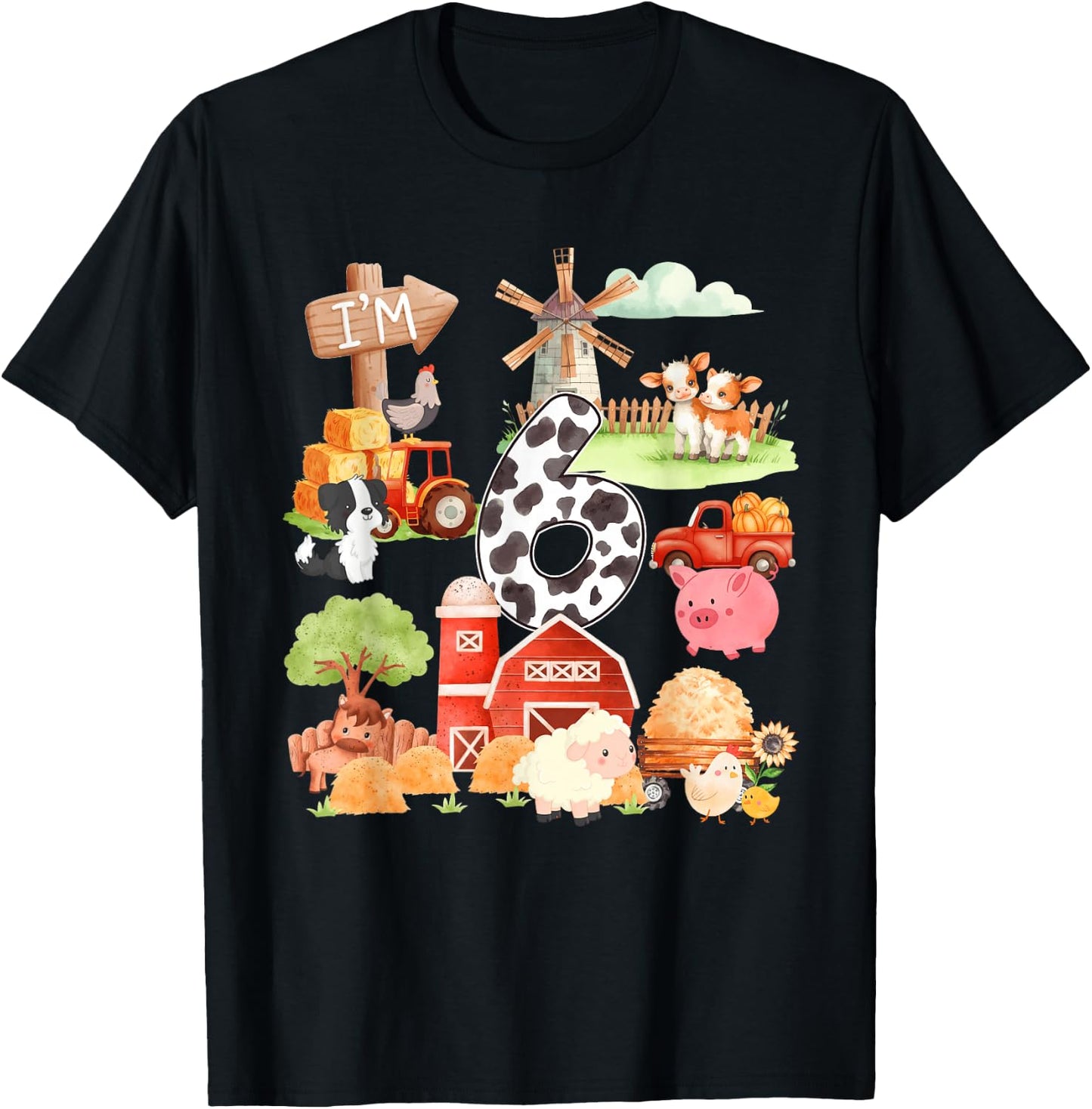 6 Year Old Farmer Lover 6th Birthday Farm Animals Theme T-Shirt - T-Shirt | Black