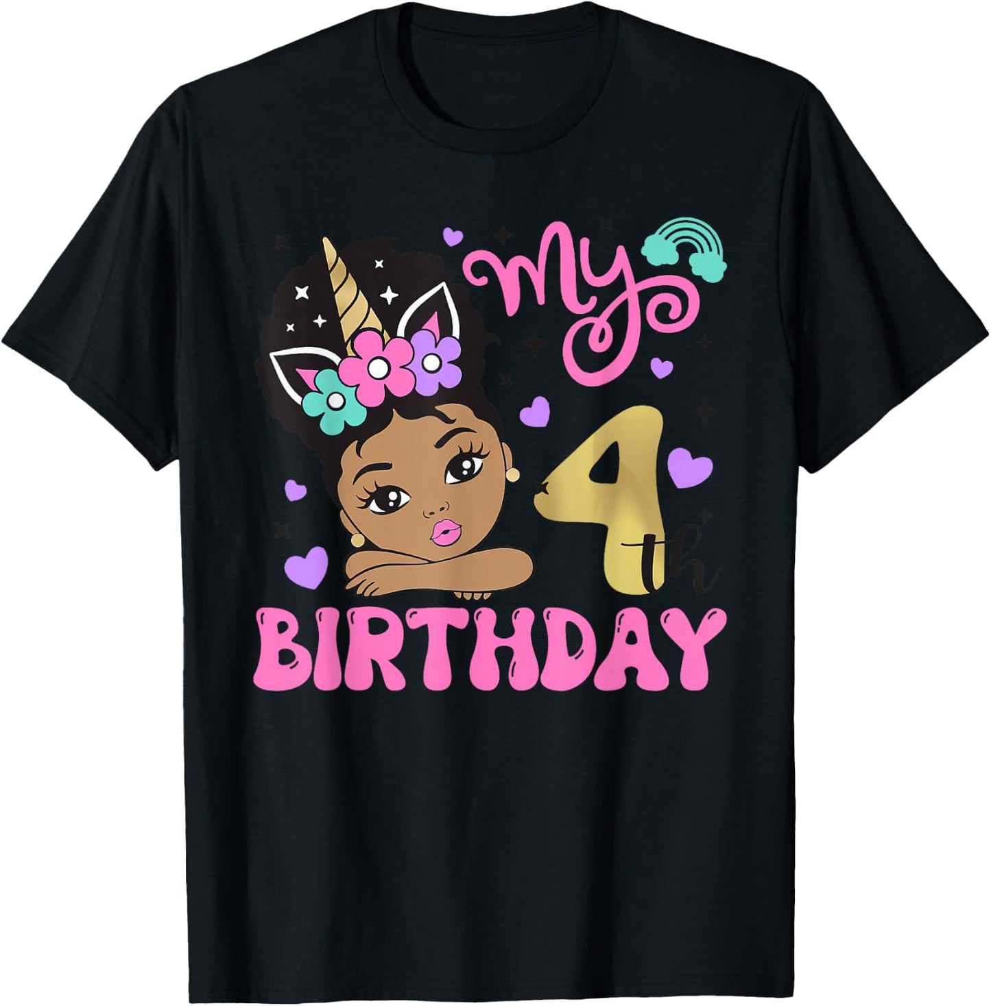 It's My 4th Birthday Black Girl 4 Years Old Melanin Kids T-Shirt - T-Shirt | Black