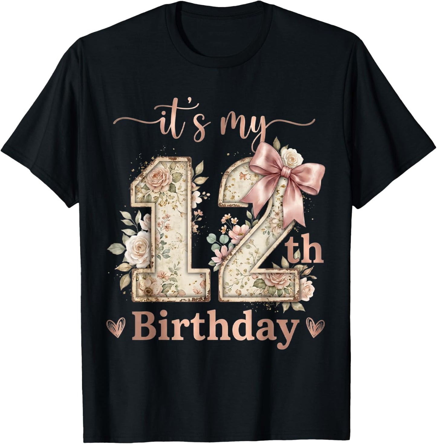 It's My 12th Birthday Girl Coquette Bow Pink 12 Year Old T-Shirt - T-Shirt | Black