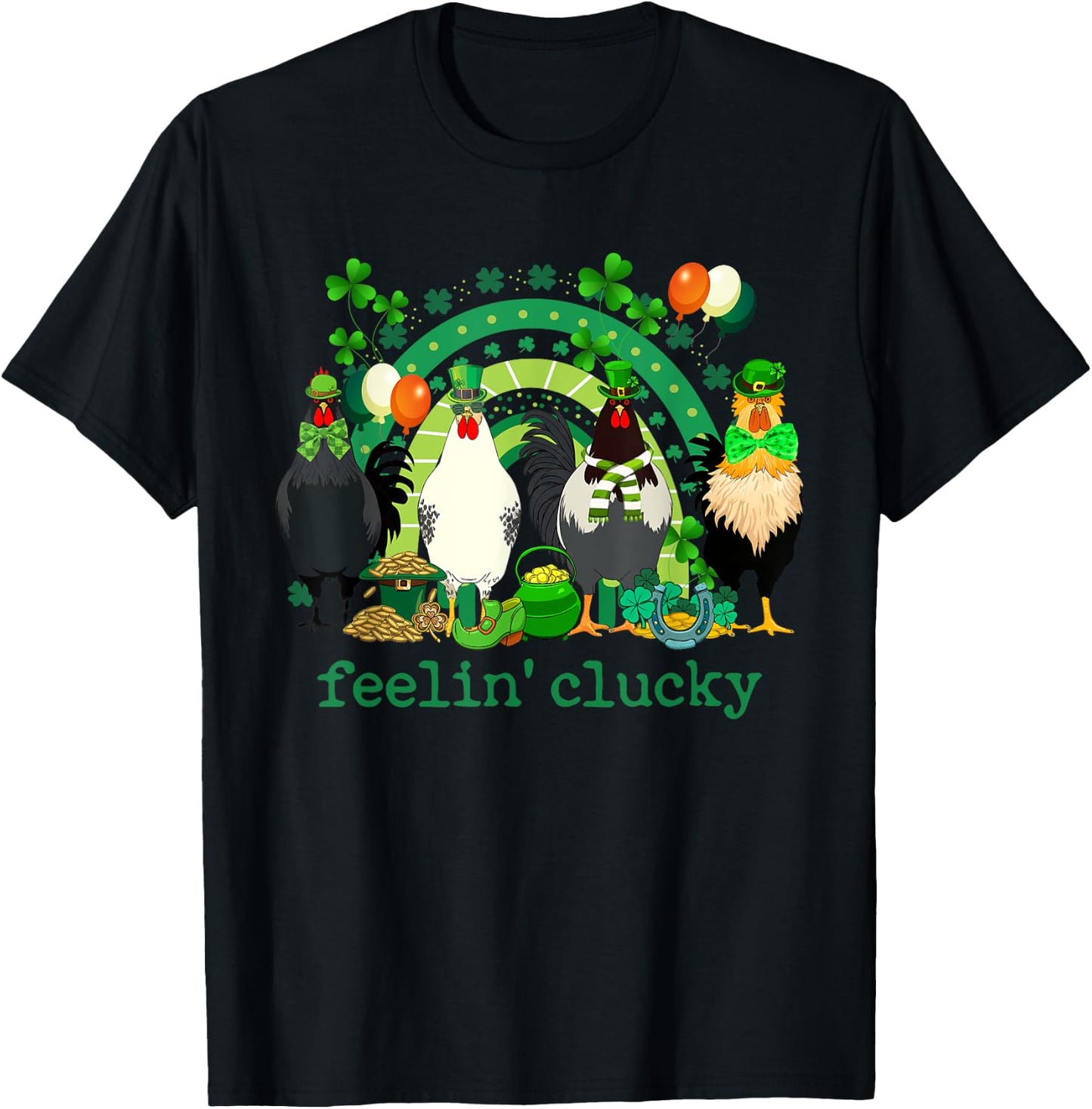 Feeling Clucky Chicken Rainbow Funny St Patrick Day Shamrock T-Shirt - T-Shirt | Black