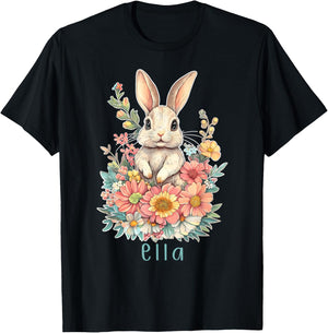 First Name Ella Cute Bunny Flowers Personalized Girl T-Shirt - T-Shirt | Black