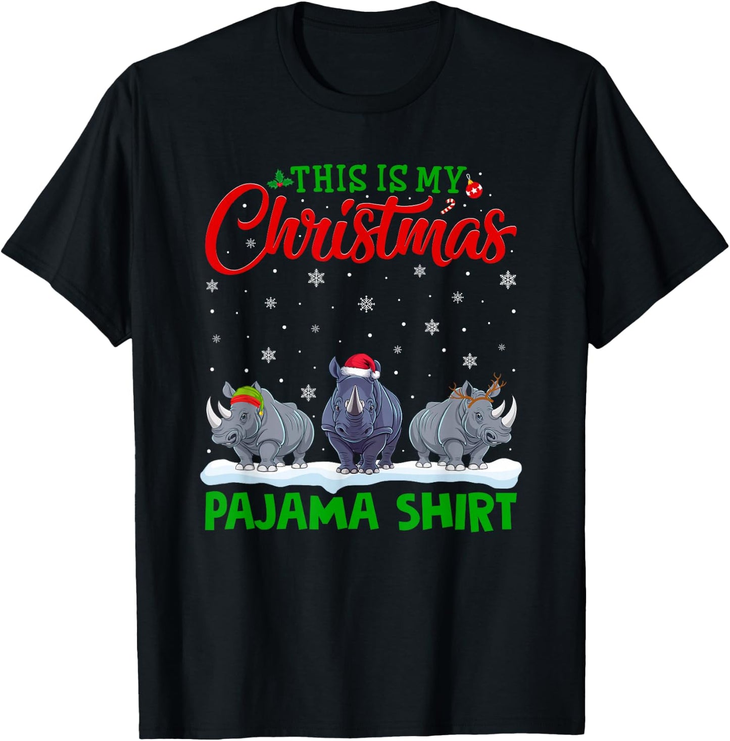 Xmas Santa Hat Reindeer Rhino Christmas Pajama T-Shirt - T-Shirt | Black
