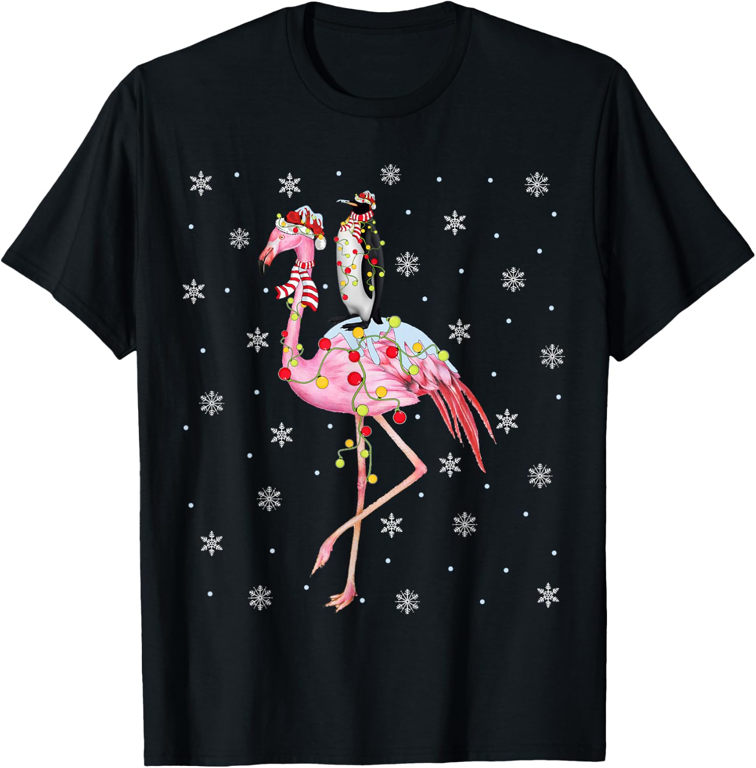 Xmas Lighting Santa Hat Flamingo Riding Penguin Christmas T-Shirt - T-Shirt | Black
