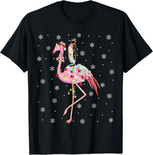 Xmas Lighting Santa Hat Flamingo Riding Penguin Christmas T-Shirt - T-Shirt | Black