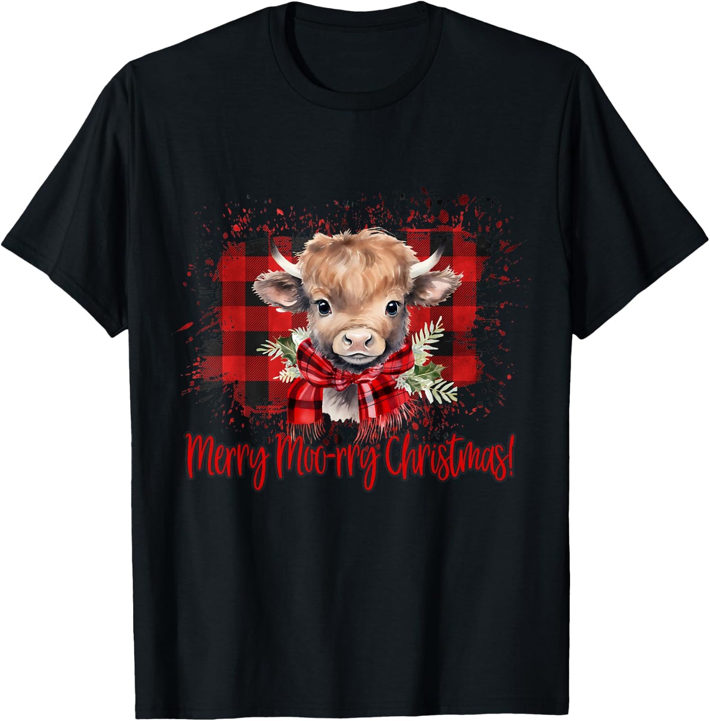 Merry Moo-rry Christmas Buffalo Plaid Highland Cow T-Shirt - T-Shirt | Black