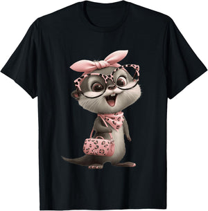 Baby Otter Kawaii Character Pink Leopard Glasses Portrait T-Shirt - T-Shirt | Black