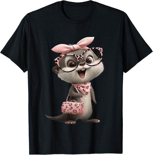 Baby Otter Kawaii Character Pink Leopard Glasses Portrait T-Shirt - T-Shirt | Black