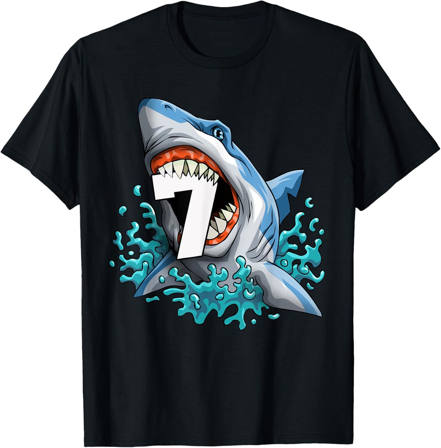 Kids Shark 7th Birthday Boys Funny Shark 7 yrs Old Birthday T-Shirt - T-Shirt | Black