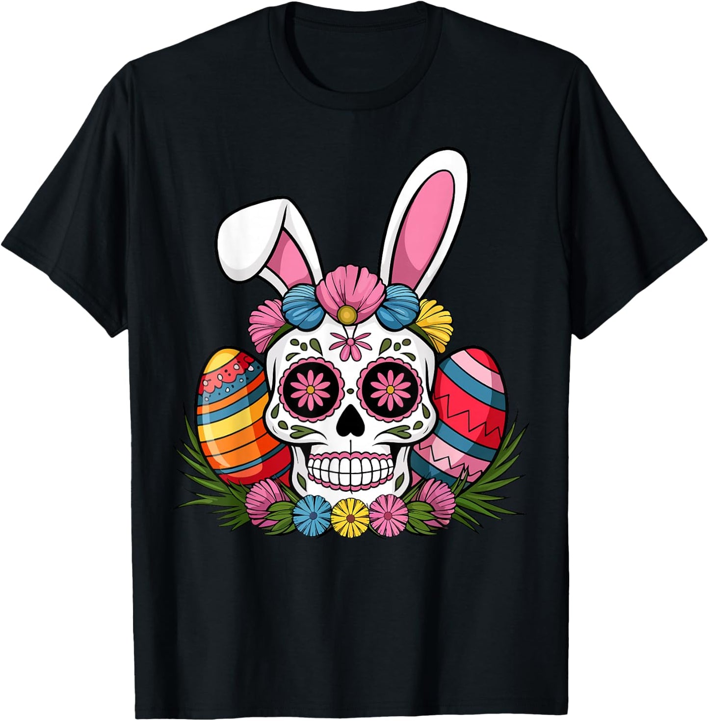 Sugar Skull Bunny Rabbit Ears Mexican Easter Day T-Shirt - T-Shirt | Black