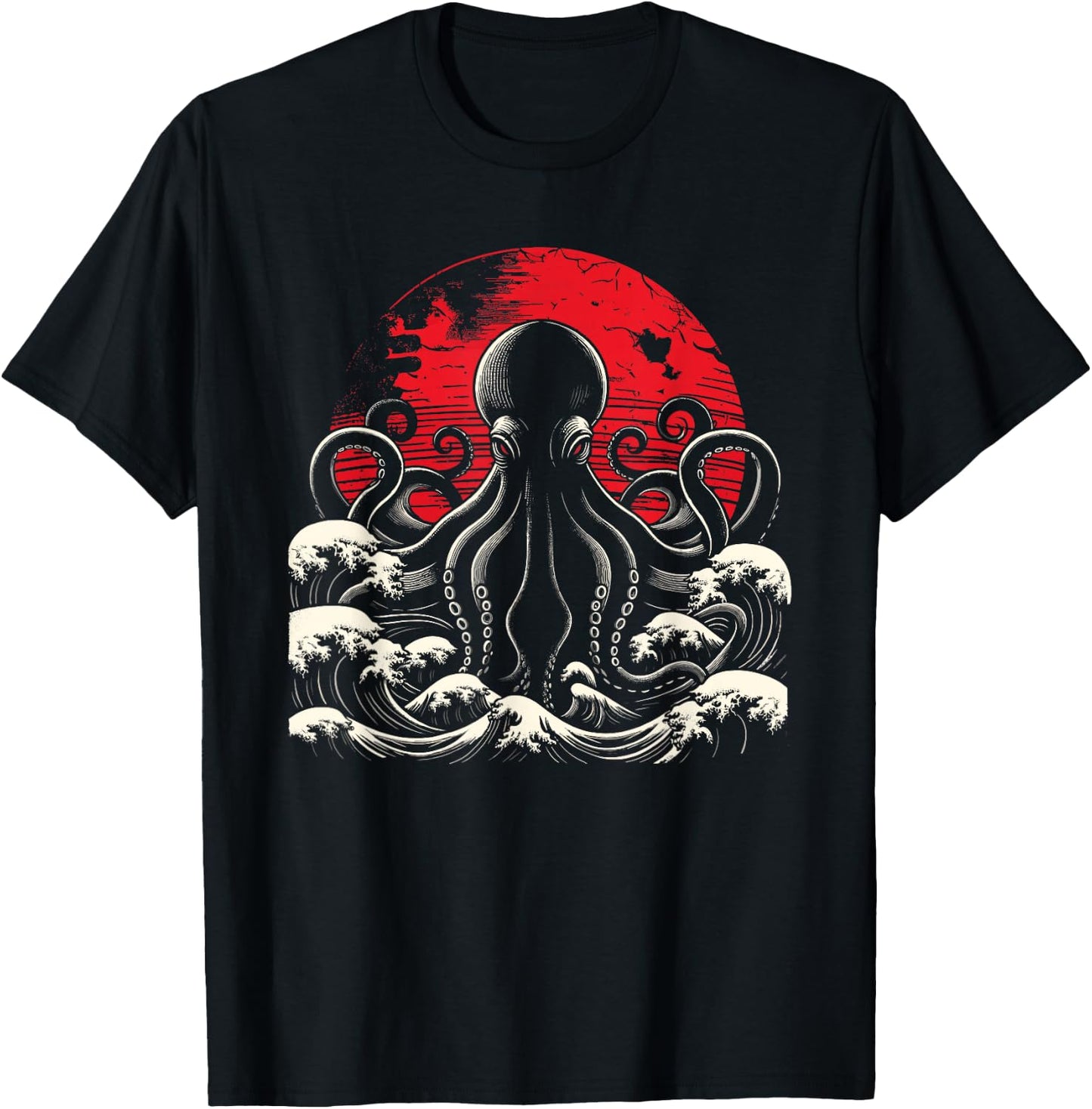 Horror Octopus Octopus Giant Octopus Japanese Waves Octopus T-Shirt - T-Shirt | Black