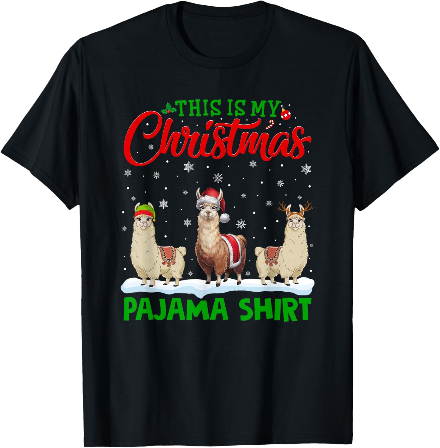 Xmas Santa Hat Reindeer Llama Christmas Pajama T-Shirt - T-Shirt | Black