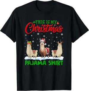 Xmas Santa Hat Reindeer Llama Christmas Pajama T-Shirt - T-Shirt | Black