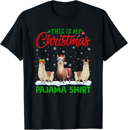Xmas Santa Hat Reindeer Llama Christmas Pajama T-Shirt - T-Shirt | Black