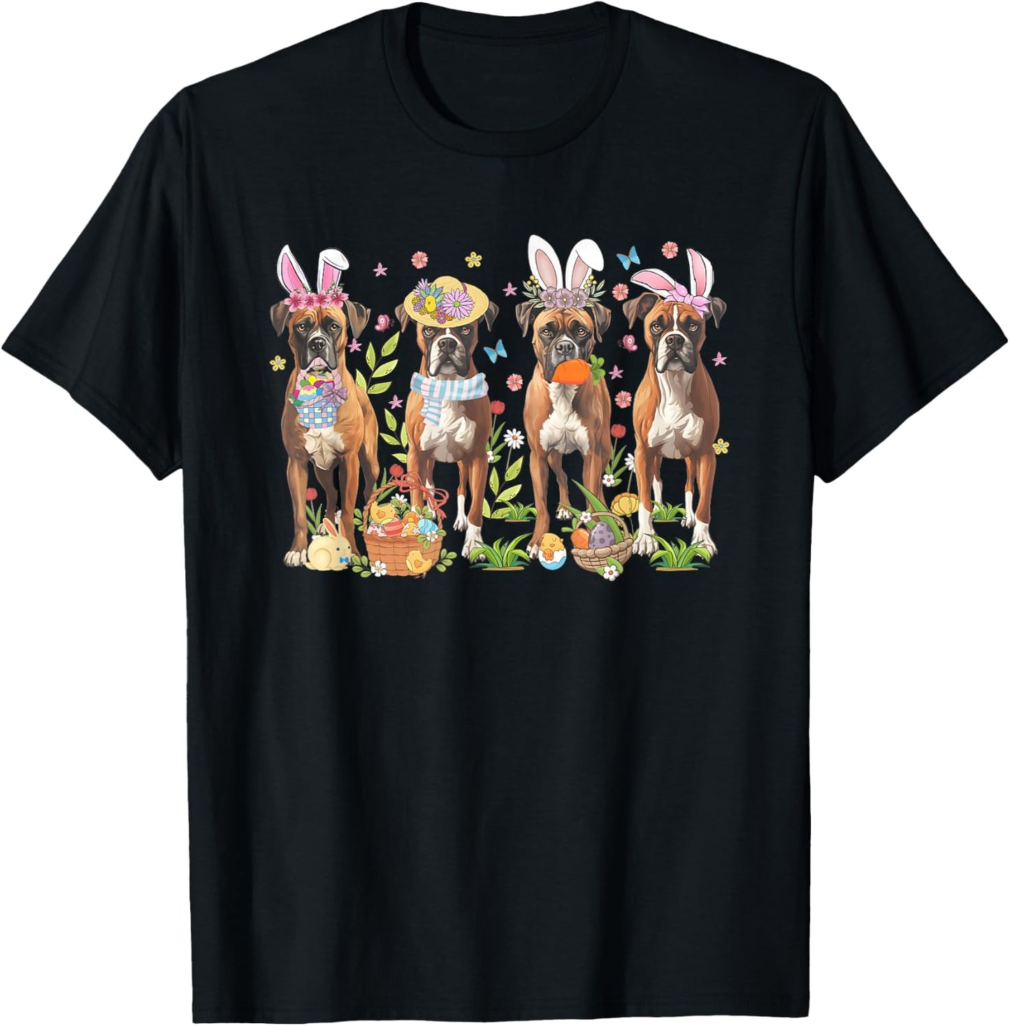 Easter Boxer Bunnies Floral Boxer Dogs Easter Day T-Shirt - T-Shirt | Black