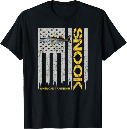 Snook Fisherman - Vintage Style American Flag Snook Art Fish T-Shirt - T-Shirt | Black