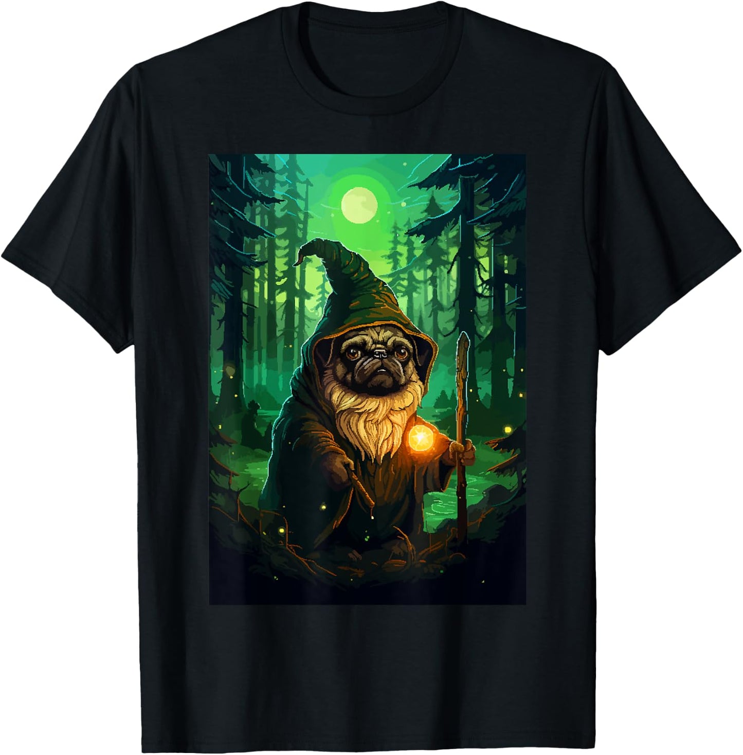 Funny Pug Wizard Cute Dog Pixel Art T-Shirt - T-Shirt | Black