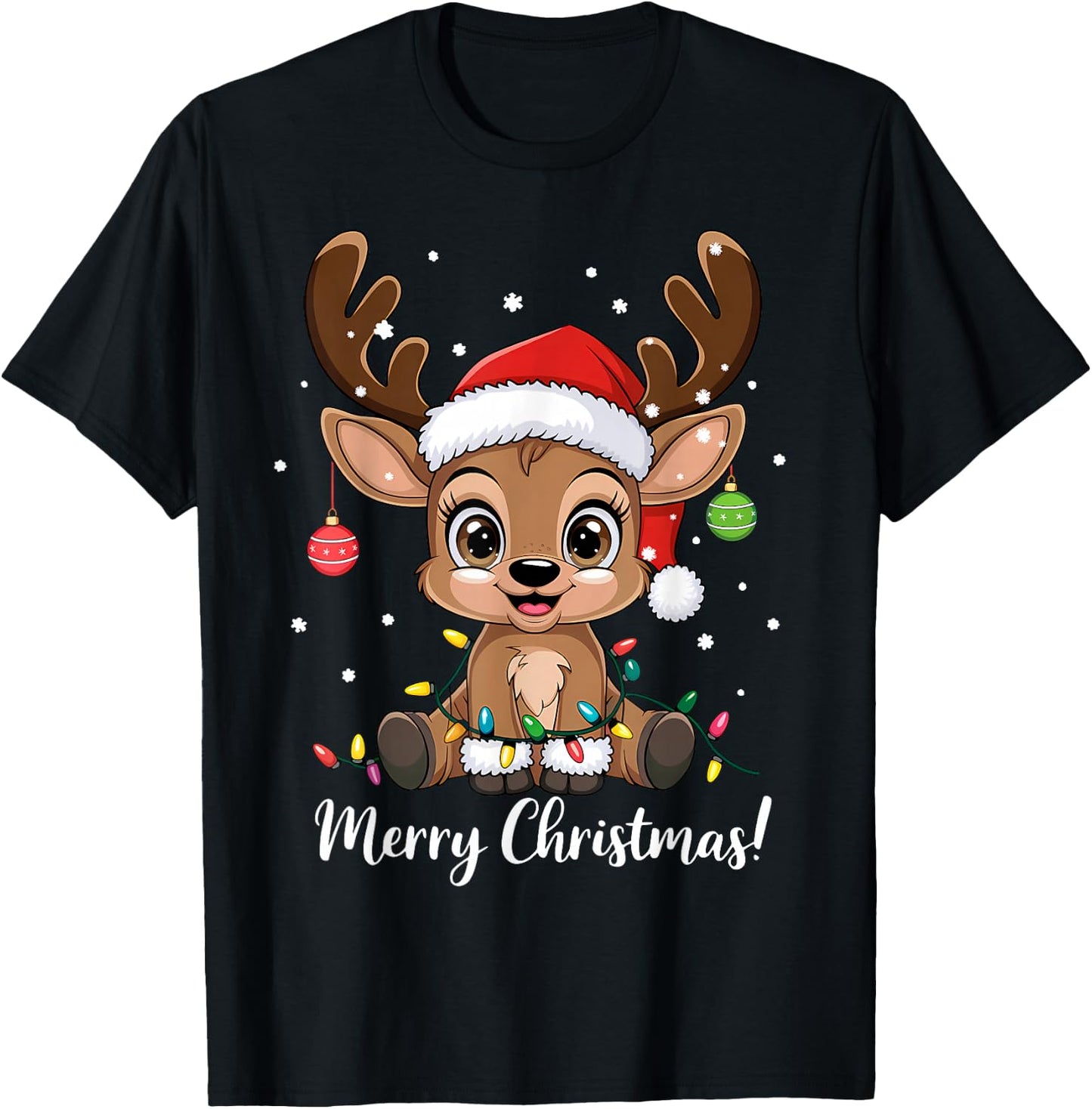 Reindeer Christmas Sweater, Cute Christmas Hat Merry Christmas , Black, S T-Shirt - T-Shirt | Black