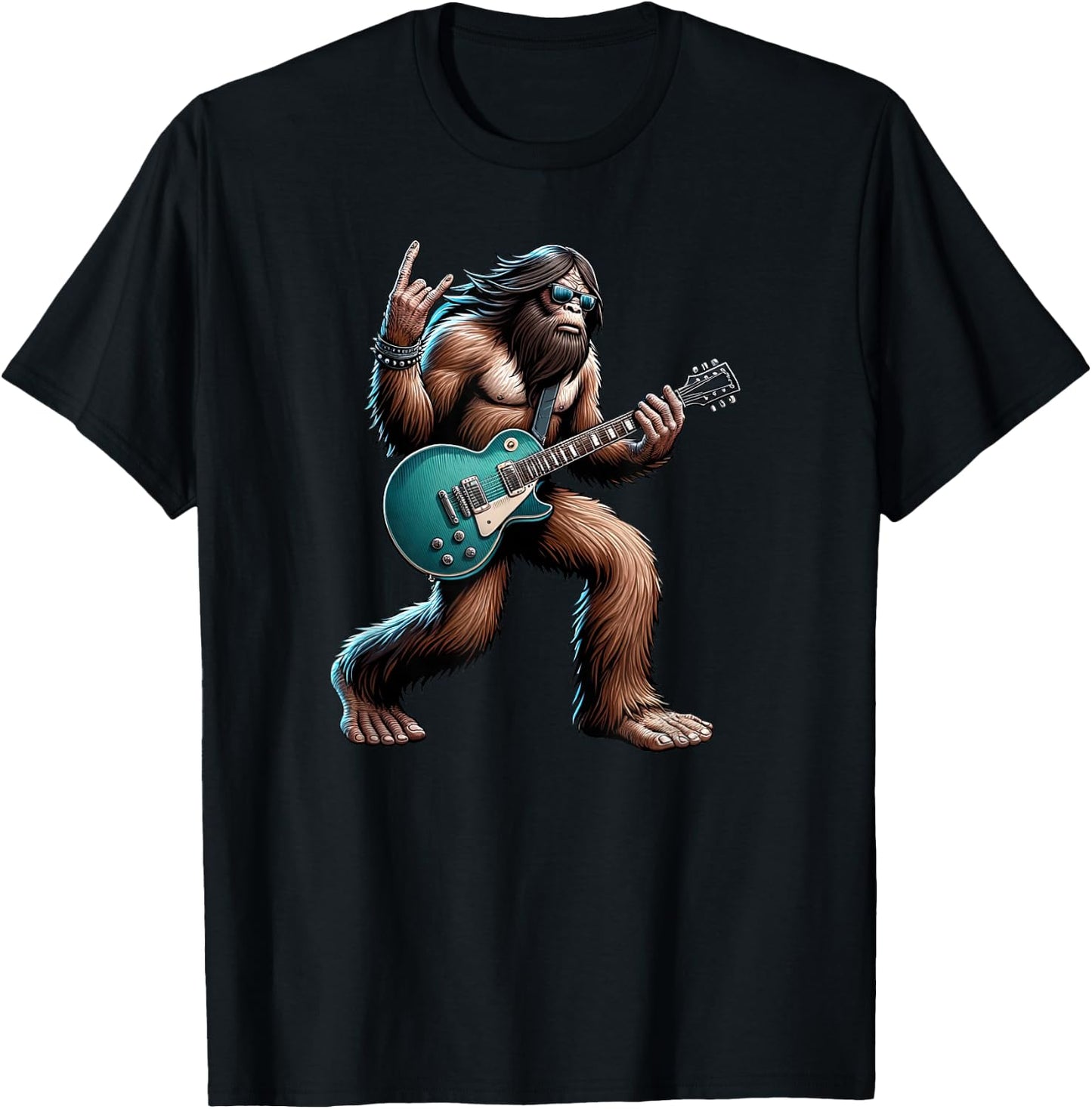 Rock On Bigfoot Playing Electric Guitar Sasquatch Music Band T-Shirt - T-Shirt | Black