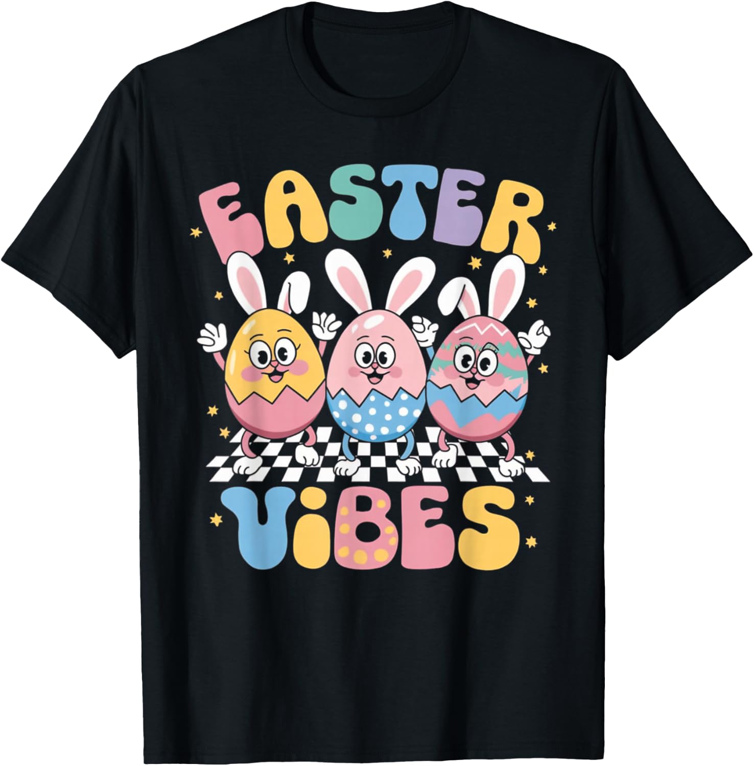 Groovy Cute Bunny Egg Easter Vibes Day Girls Kids Gifts T-Shirt - T-Shirt | Black