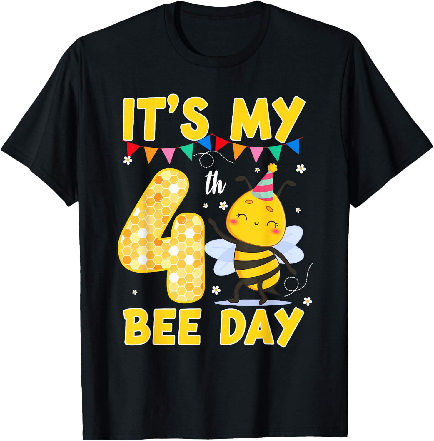 It's My 4th Birthday Bee Day 4 Year Old Bee Theme Party T-Shirt - T-Shirt | Black