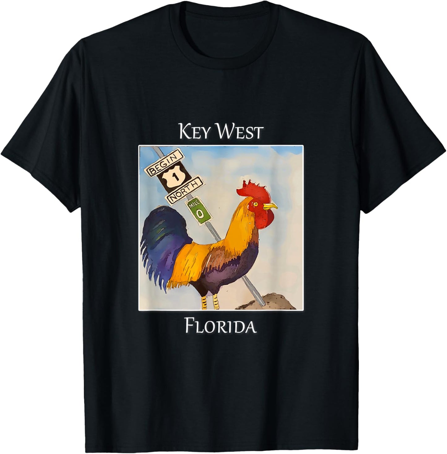 Rooster and Mile Marker 0 Famous in Key West, Florida T-Shirt - T-Shirt | Black