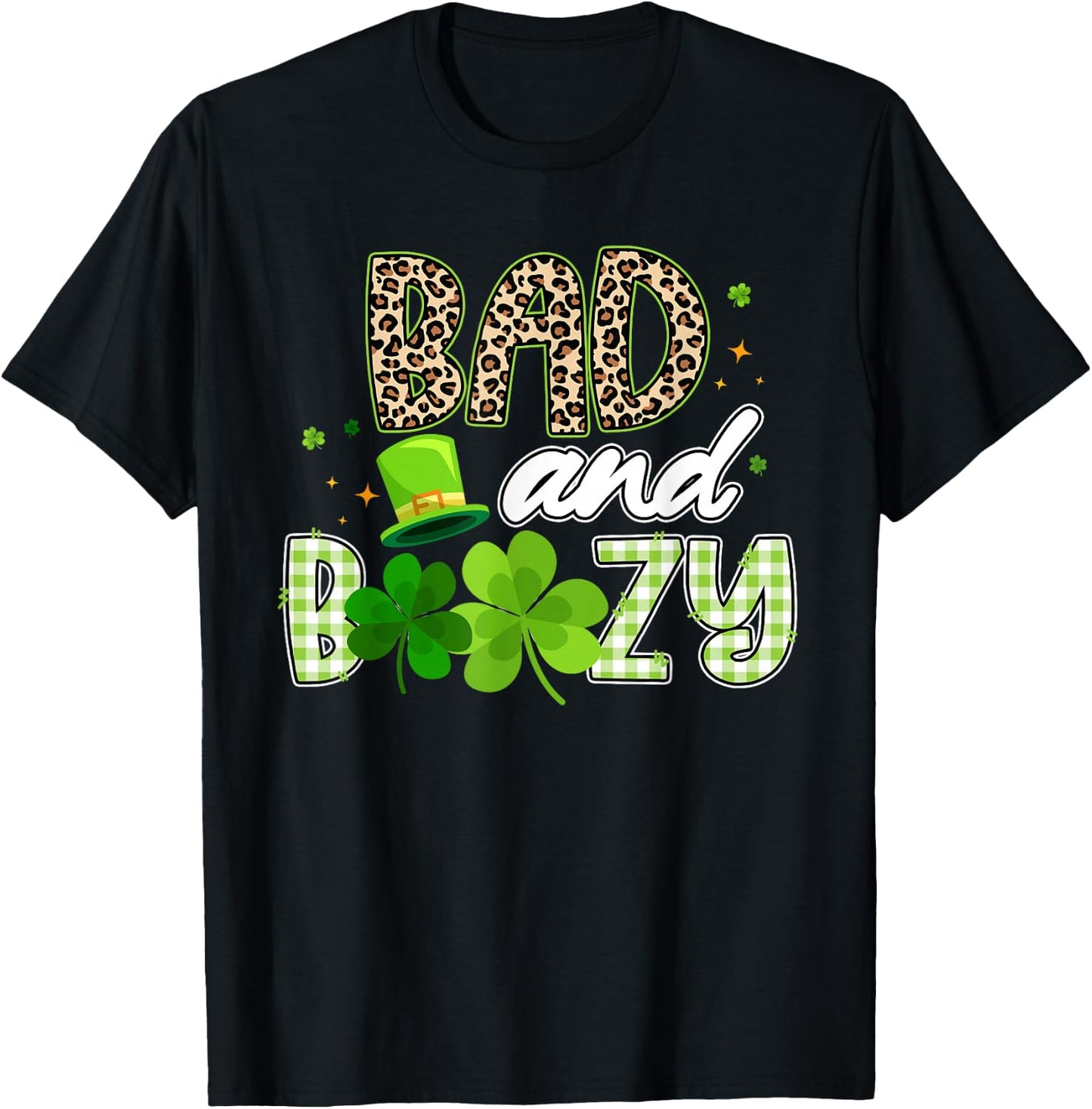 Bad and Boozy Leopard Green Plaid Shamrocks St Patricks Day T-Shirt - T-Shirt | Black