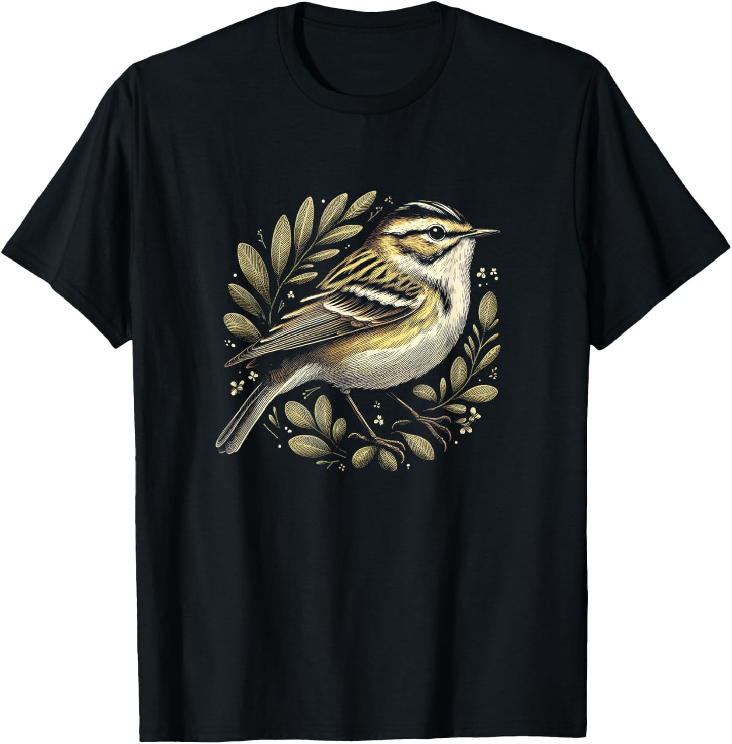 Warbler Graphic Bird Floral Art Design T-Shirt - T-Shirt | Black