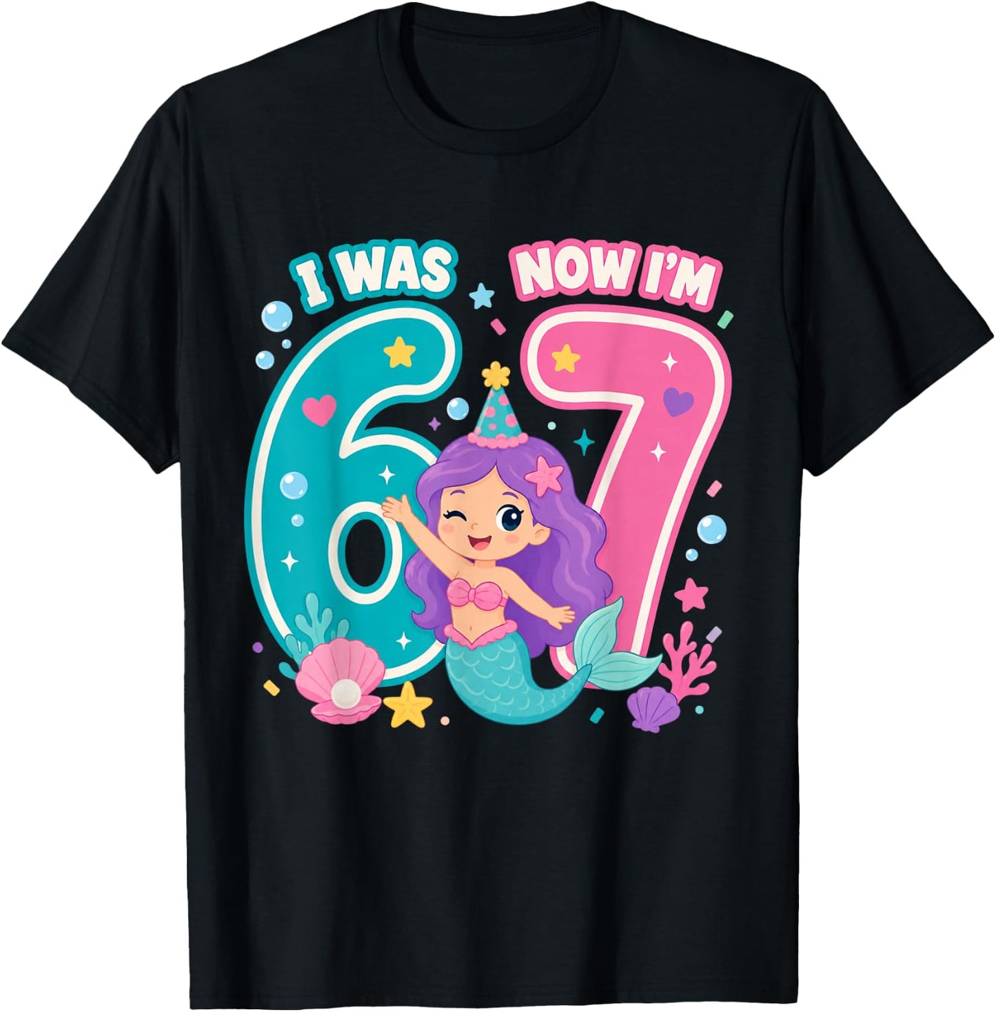 7th Birthday Mermaid Girl I was 6 Now Im 7 Party T-Shirt - T-Shirt | Black