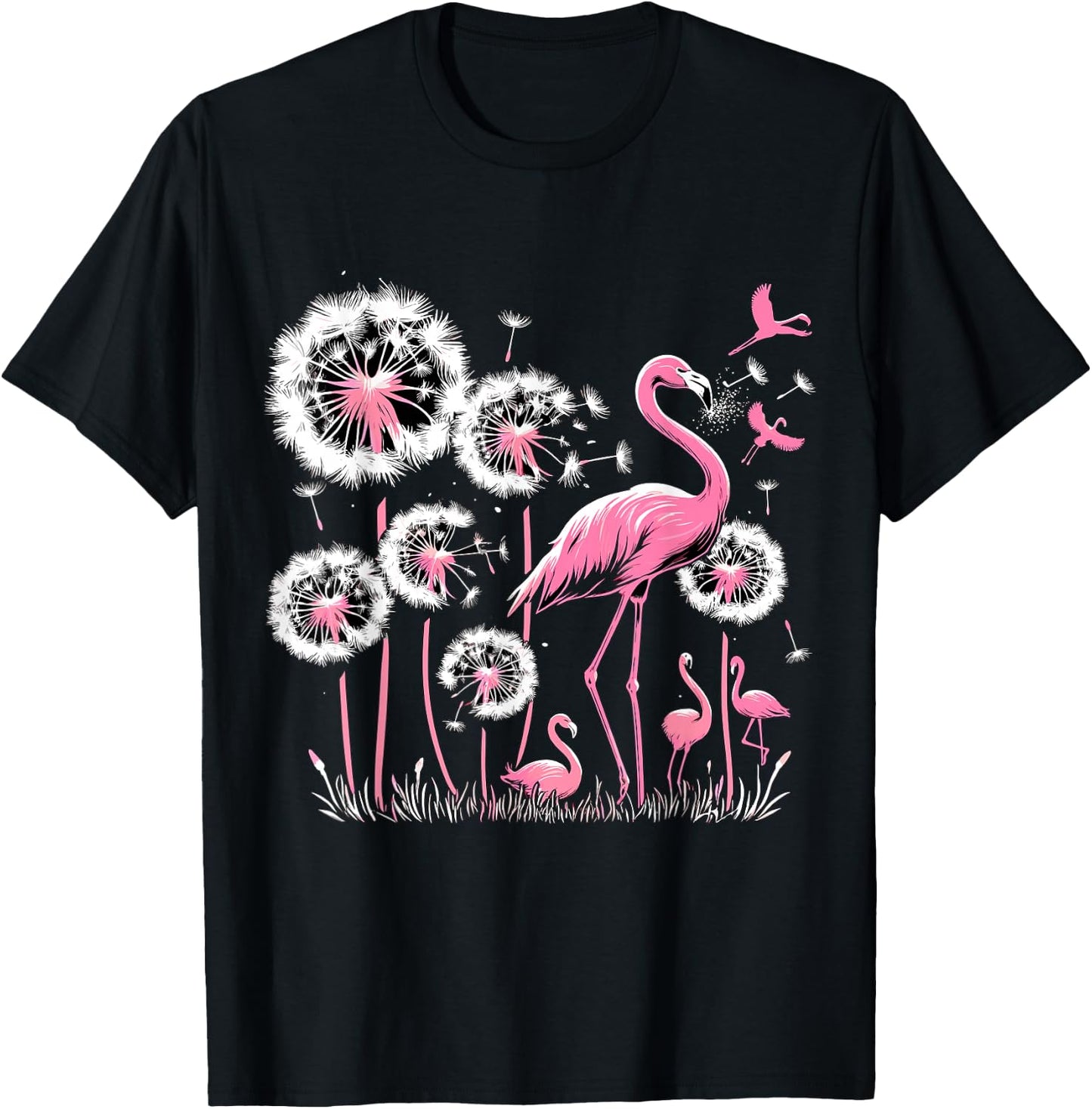 Flamingo and Dandelion Flower , Small, Black T-Shirt - T-Shirt | Black