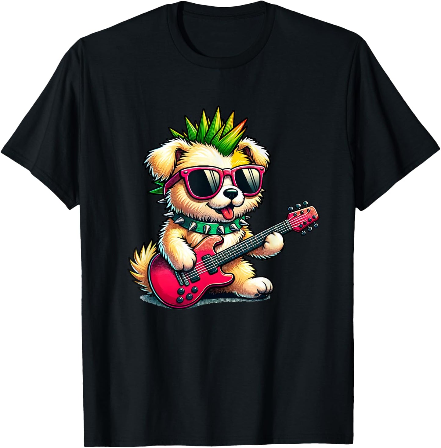 Cute Punk Puppy, Rock'n Roll Goth Dog, Guitar Band Funny T-Shirt - T-Shirt | Black