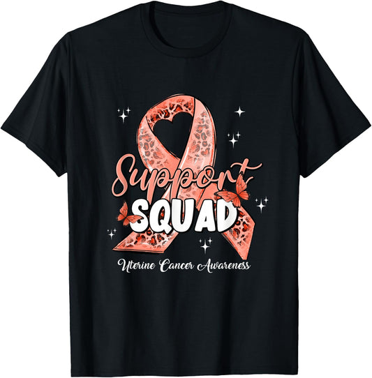 Support Squad Butterfly Peach Ribbon Uterine Cancer Gifts T-Shirt - T-Shirt | Black