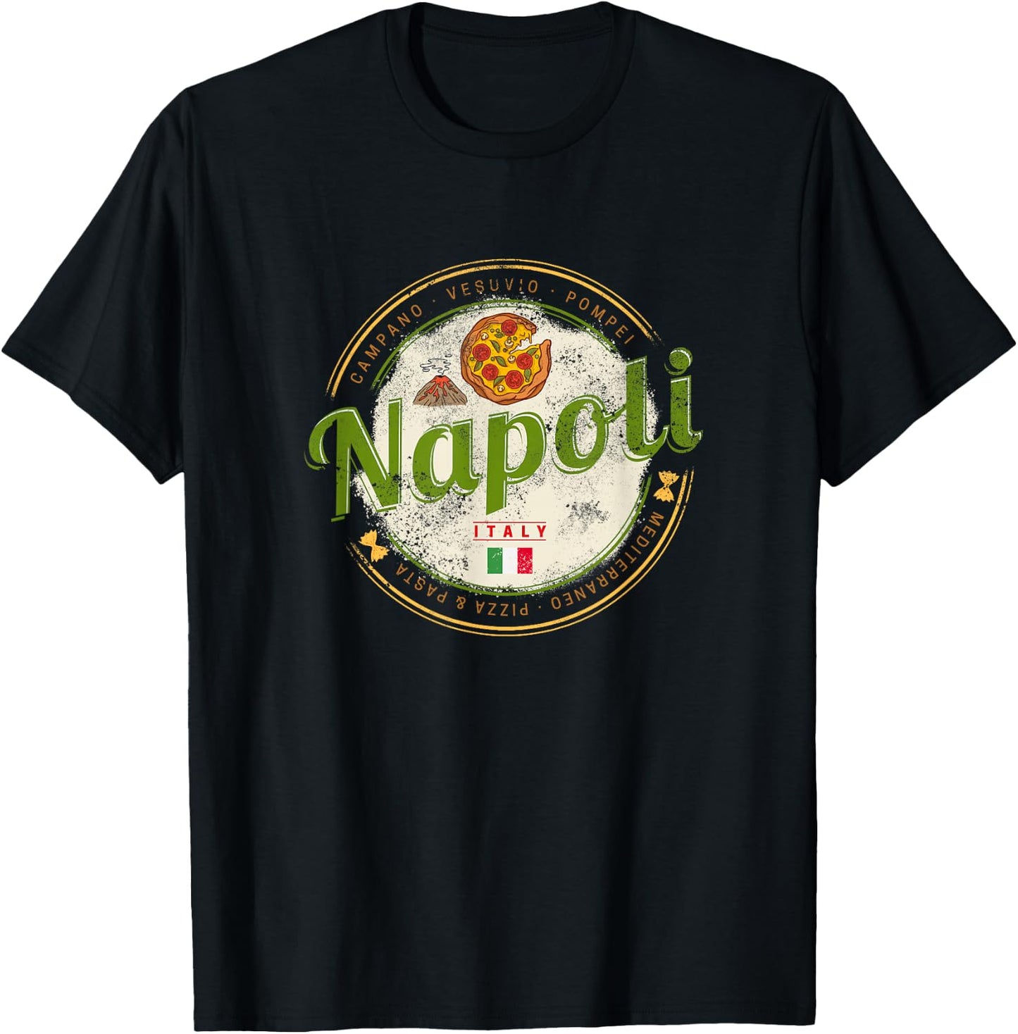 Naples Italy with Vesuv and Pizza Vintage Souvenir , black, s T-Shirt - T-Shirt | Black