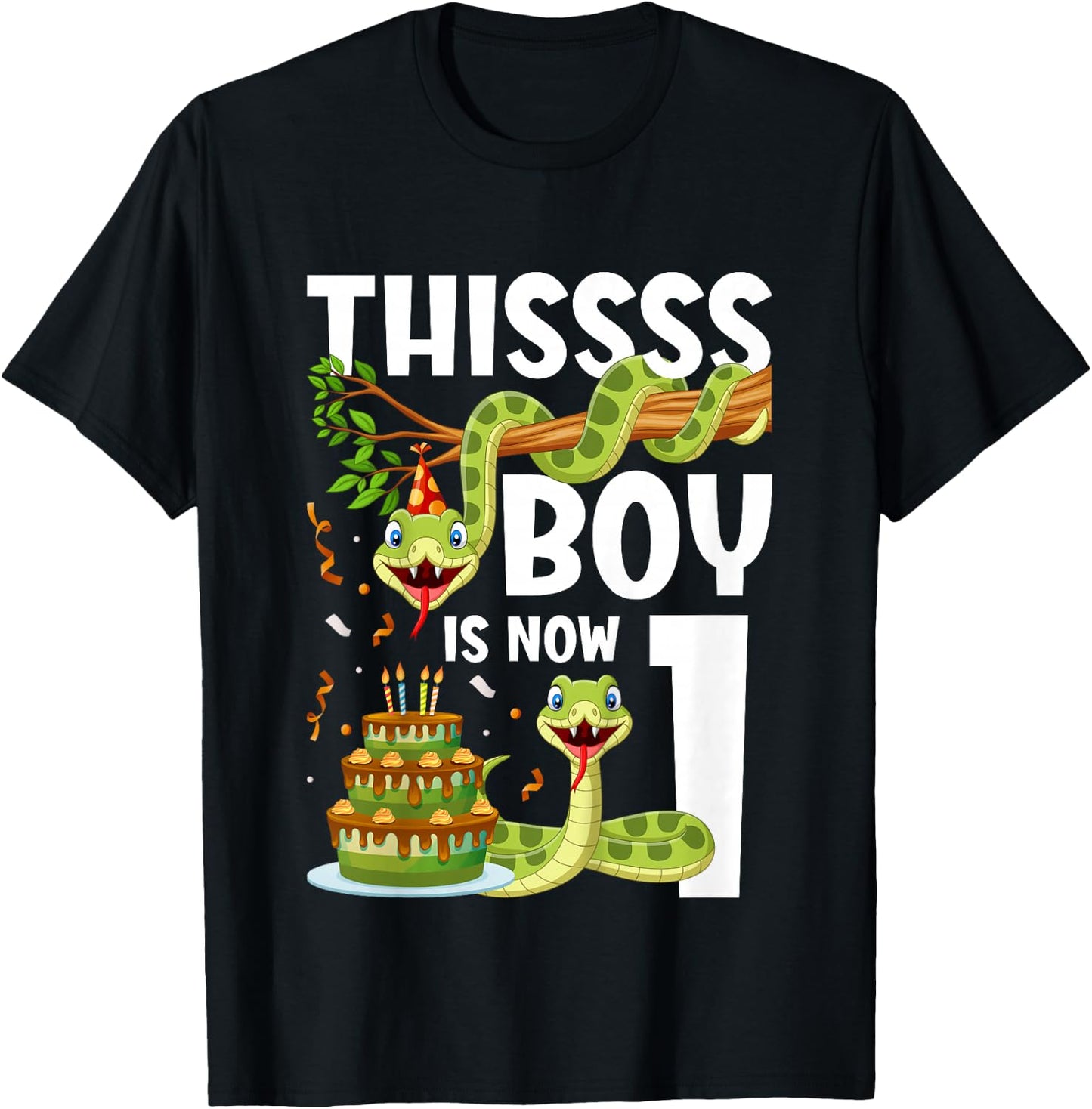 Kids 1st Reptile Birthday 1 Year Old Boy Snake Birthday Party T-Shirt - T-Shirt | Black