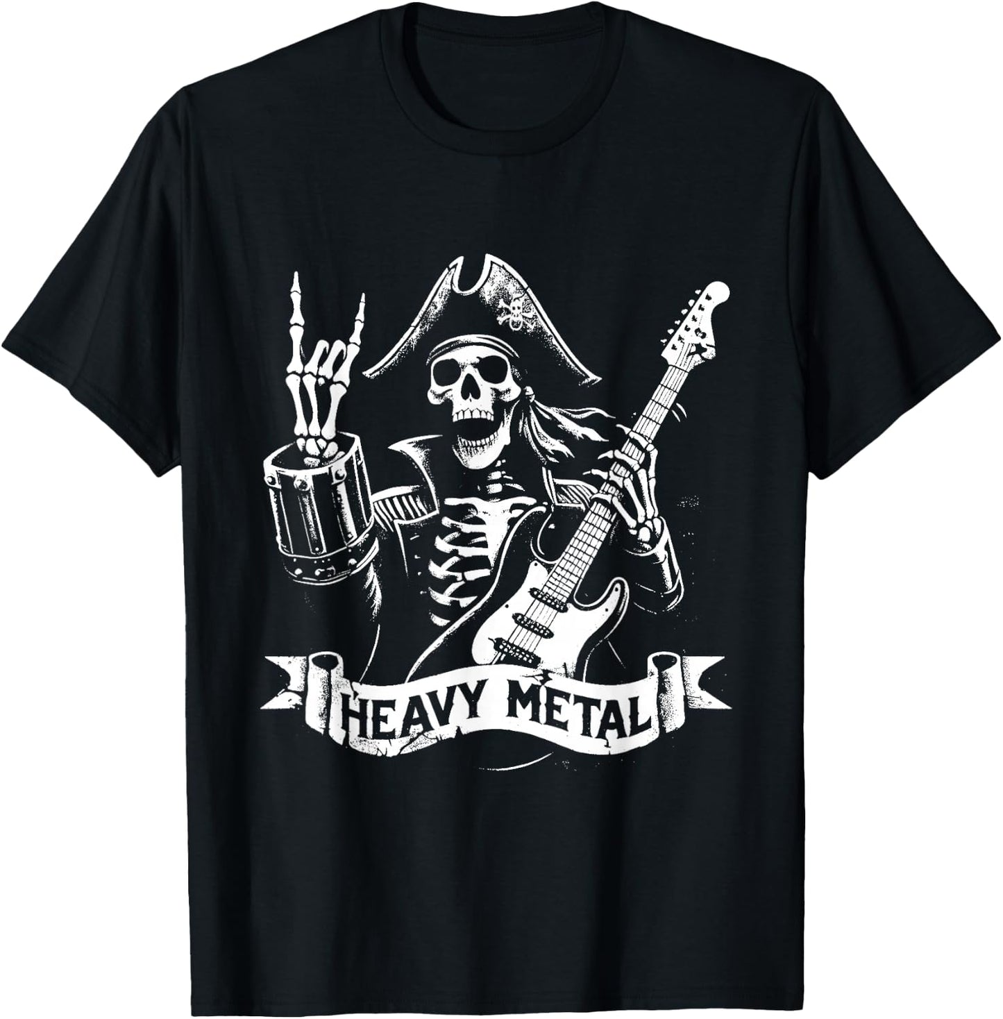 Pirate Heavy Metal - Vintage Pirate Skeleton Guitar , Black, S T-Shirt - T-Shirt | Black
