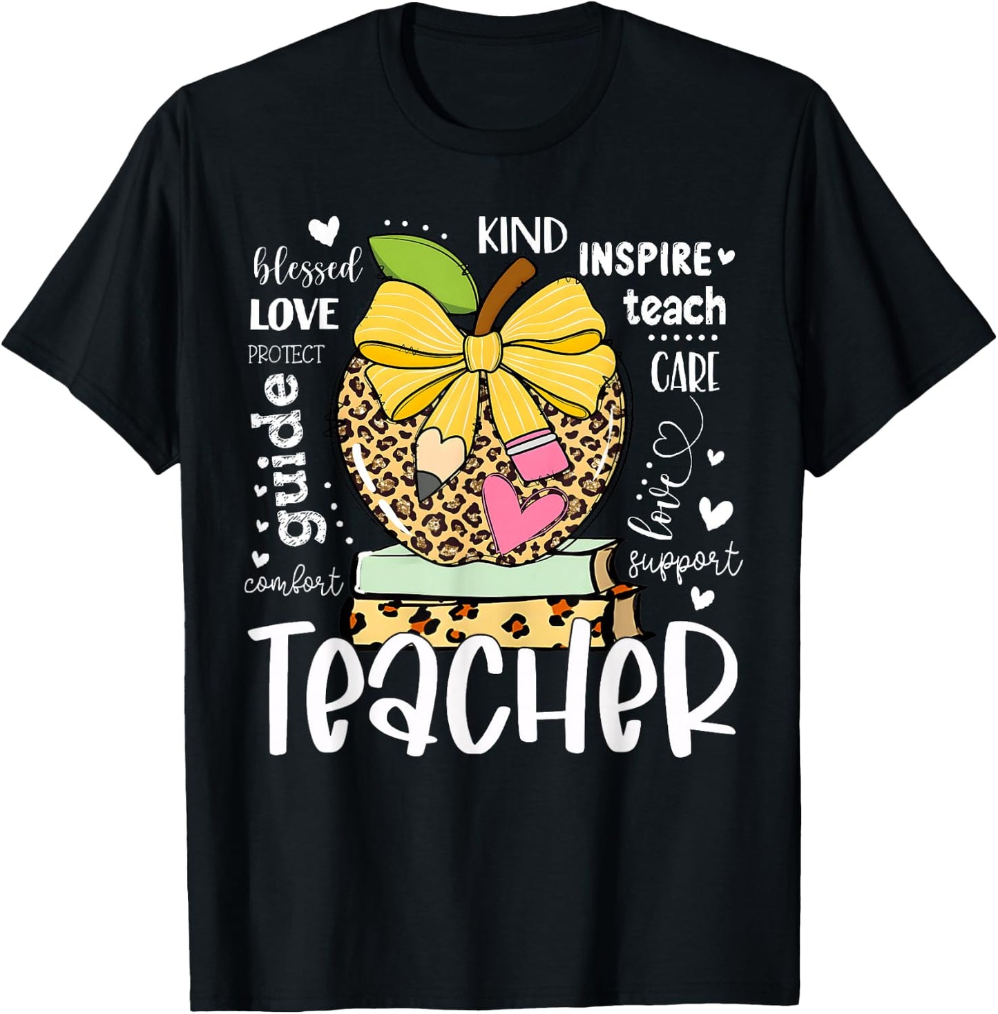 Back to School Teacher Leopard Apple Bow Women Girl T-Shirt - T-Shirt | Black
