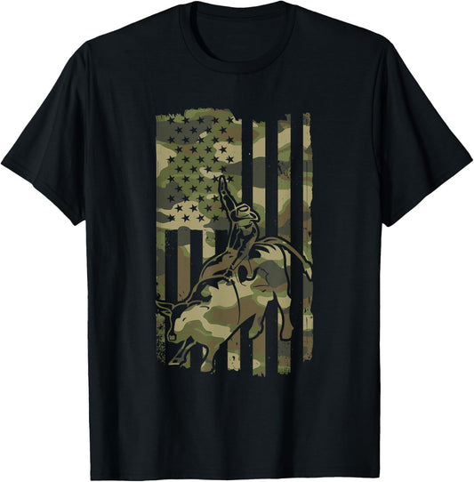 Western Cowboy & Cowgirl Rodeo Bull Riding USA Flag 4th July T-Shirt - T-Shirt | Black